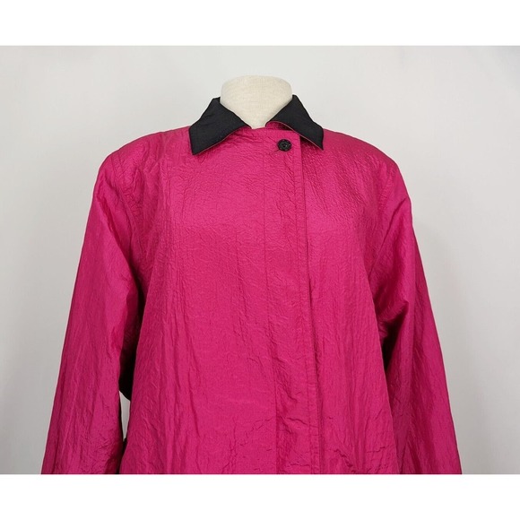 Vintage 80s Trench Jacket Hot Pink Black Shoulder Pads Nylon Misses Size 10 - Picture 3 of 9